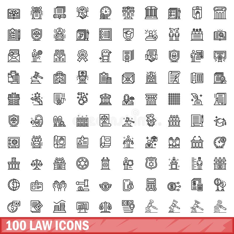 100 law icons set. Outline illustration of 100 law icons vector set isolated on white background. 100 law icons set. Outline illustration of 100 law icons vector set isolated on white background