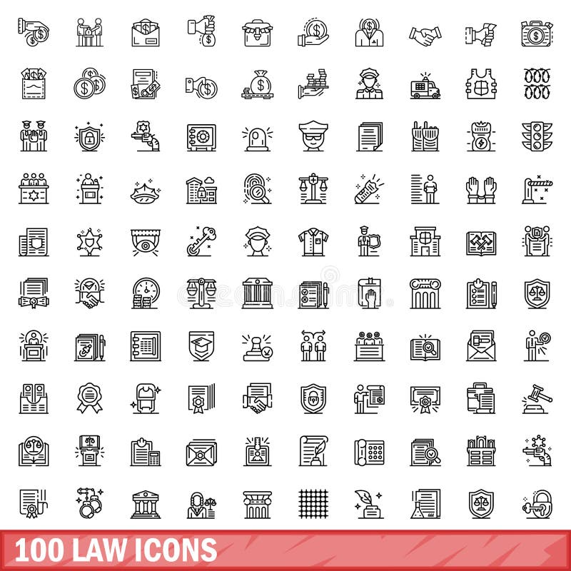 100 law icons set. Outline illustration of 100 law icons vector set isolated on white background. 100 law icons set. Outline illustration of 100 law icons vector set isolated on white background