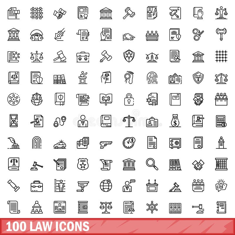 100 law icons set. Outline illustration of 100 law icons vector set isolated on white background. 100 law icons set. Outline illustration of 100 law icons vector set isolated on white background