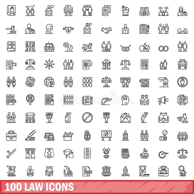 100 law icons set. Outline illustration of 100 law icons vector set isolated on white background. 100 law icons set. Outline illustration of 100 law icons vector set isolated on white background