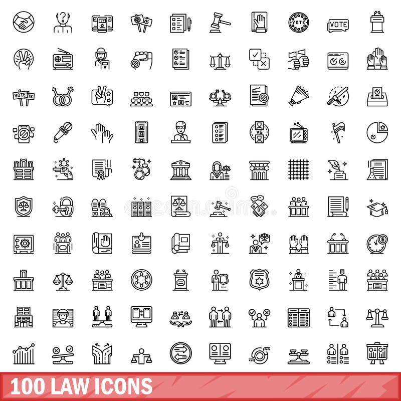 100 law icons set. Outline illustration of 100 law icons vector set isolated on white background. 100 law icons set. Outline illustration of 100 law icons vector set isolated on white background