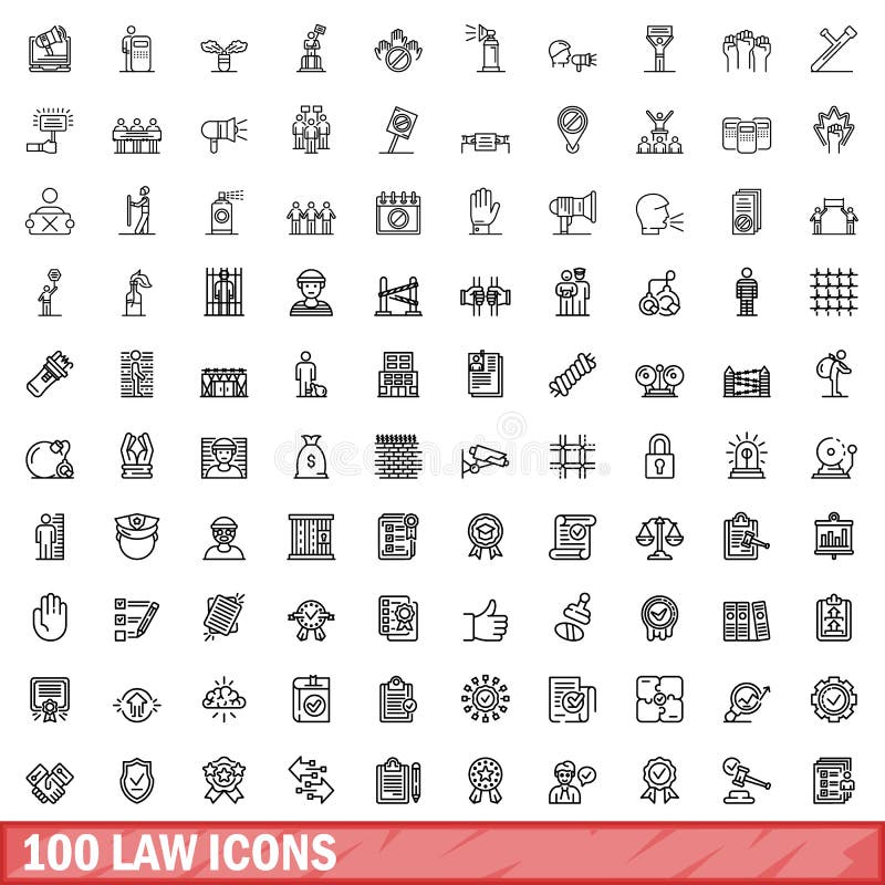 100 law icons set. Outline illustration of 100 law icons vector set isolated on white background. 100 law icons set. Outline illustration of 100 law icons vector set isolated on white background