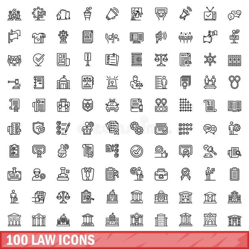 100 law icons set. Outline illustration of 100 law icons vector set isolated on white background. 100 law icons set. Outline illustration of 100 law icons vector set isolated on white background