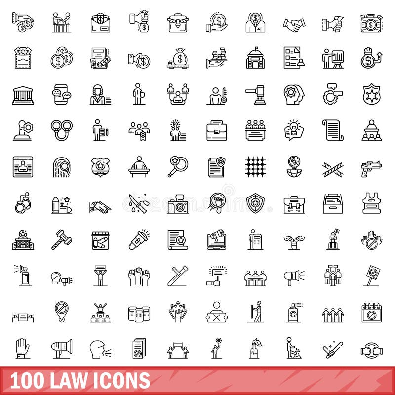 100 law icons set. Outline illustration of 100 law icons vector set isolated on white background. 100 law icons set. Outline illustration of 100 law icons vector set isolated on white background