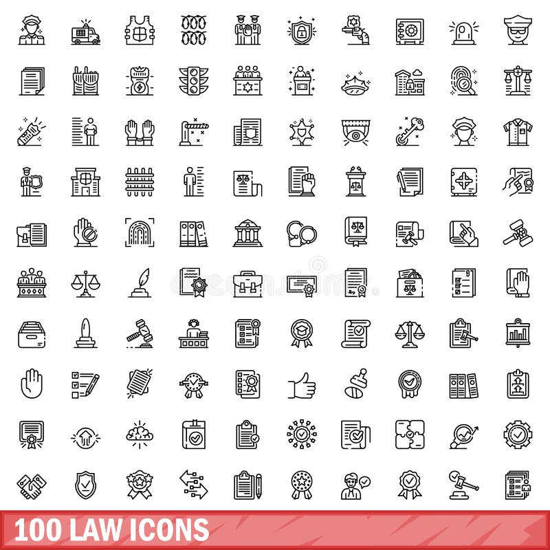 100 law icons set. Outline illustration of 100 law icons vector set isolated on white background. 100 law icons set. Outline illustration of 100 law icons vector set isolated on white background