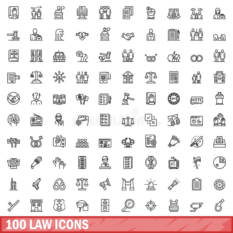 100 law icons set. Outline illustration of 100 law icons vector set isolated on white background. 100 law icons set. Outline illustration of 100 law icons vector set isolated on white background