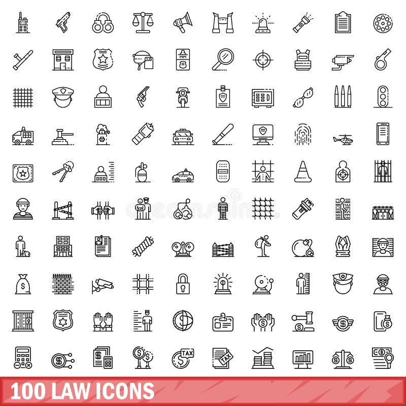 100 law icons set. Outline illustration of 100 law icons vector set isolated on white background. 100 law icons set. Outline illustration of 100 law icons vector set isolated on white background