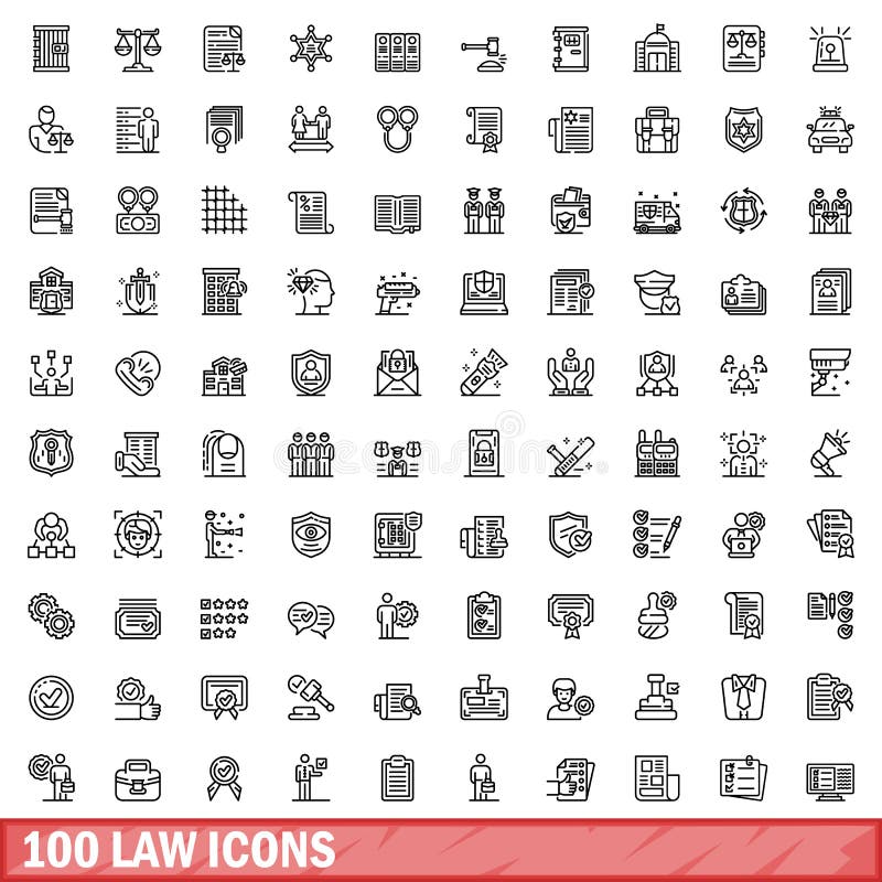 100 law icons set. Outline illustration of 100 law icons vector set isolated on white background. 100 law icons set. Outline illustration of 100 law icons vector set isolated on white background