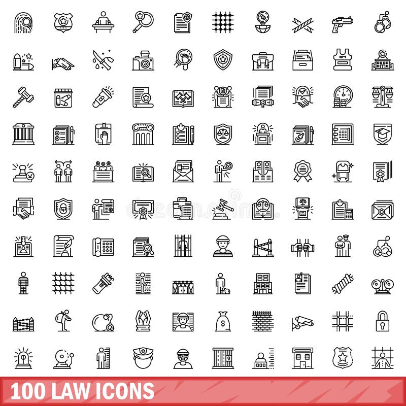 100 law icons set. Outline illustration of 100 law icons vector set isolated on white background. 100 law icons set. Outline illustration of 100 law icons vector set isolated on white background