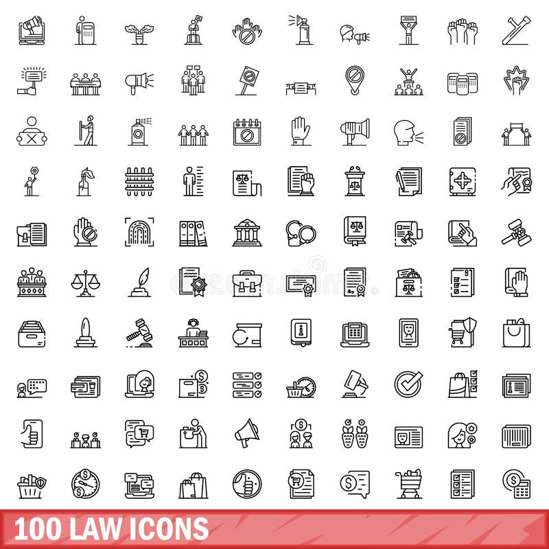 100 law icons set. Outline illustration of 100 law icons vector set isolated on white background. 100 law icons set. Outline illustration of 100 law icons vector set isolated on white background