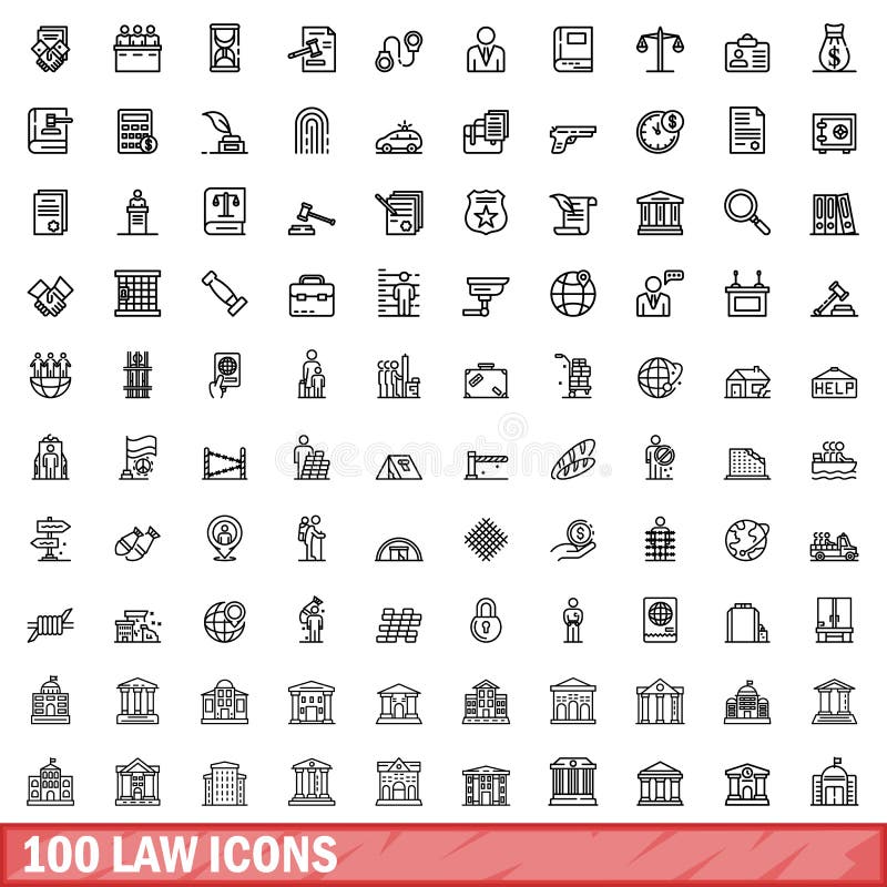 100 law icons set. Outline illustration of 100 law icons vector set isolated on white background. 100 law icons set. Outline illustration of 100 law icons vector set isolated on white background