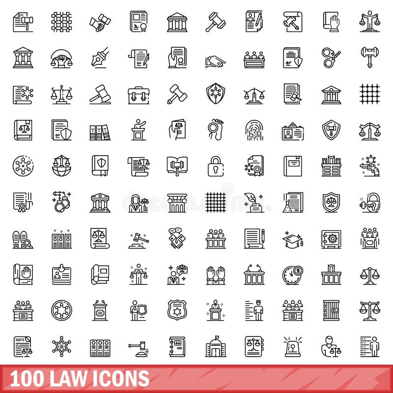 100 law icons set. Outline illustration of 100 law icons vector set isolated on white background. 100 law icons set. Outline illustration of 100 law icons vector set isolated on white background