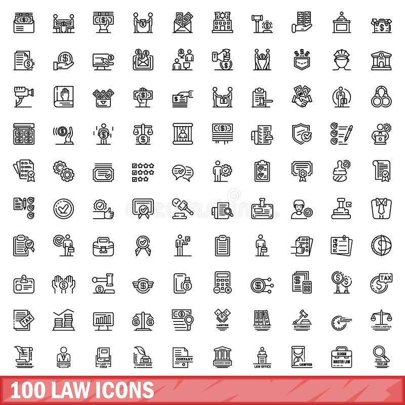 100 law icons set. Outline illustration of 100 law icons vector set isolated on white background. 100 law icons set. Outline illustration of 100 law icons vector set isolated on white background