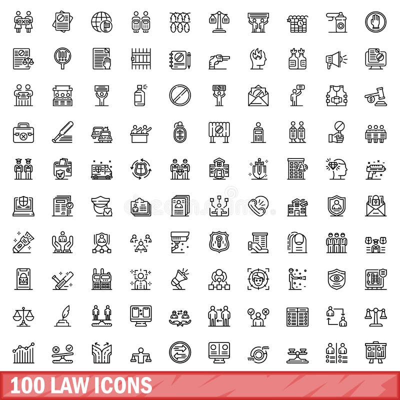 100 law icons set. Outline illustration of 100 law icons vector set isolated on white background. 100 law icons set. Outline illustration of 100 law icons vector set isolated on white background