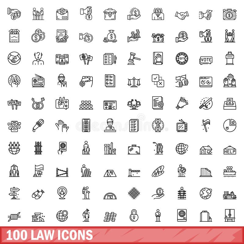 100 law icons set. Outline illustration of 100 law icons vector set isolated on white background. 100 law icons set. Outline illustration of 100 law icons vector set isolated on white background