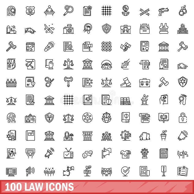 100 law icons set. Outline illustration of 100 law icons vector set isolated on white background. 100 law icons set. Outline illustration of 100 law icons vector set isolated on white background