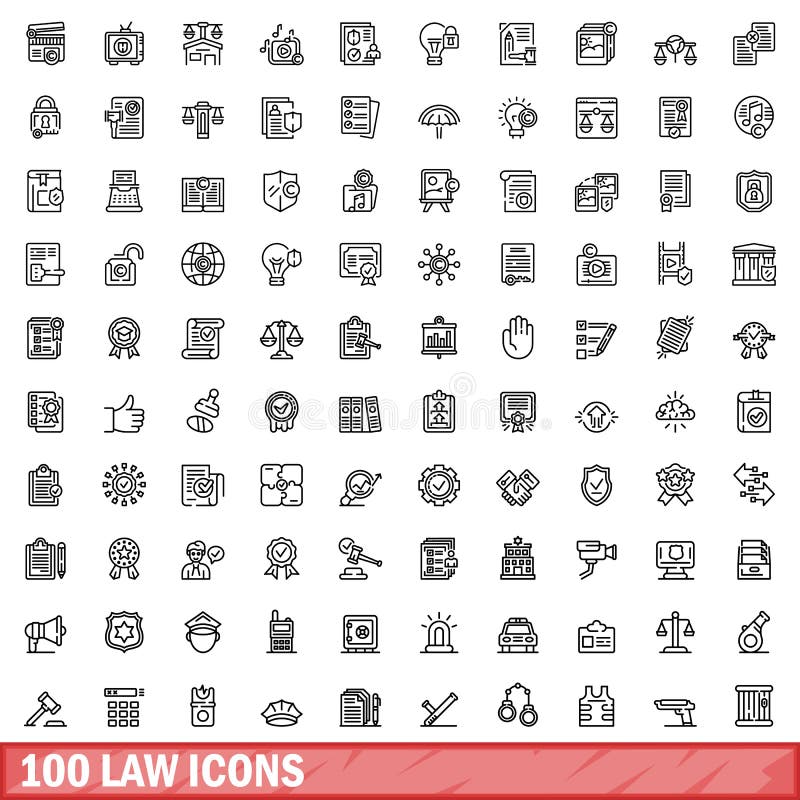 100 law icons set. Outline illustration of 100 law icons vector set isolated on white background. 100 law icons set. Outline illustration of 100 law icons vector set isolated on white background