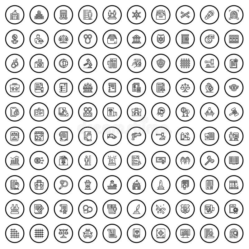 100 law icons set. Outline illustration of 100 law icons vector set isolated on white background. 100 law icons set. Outline illustration of 100 law icons vector set isolated on white background