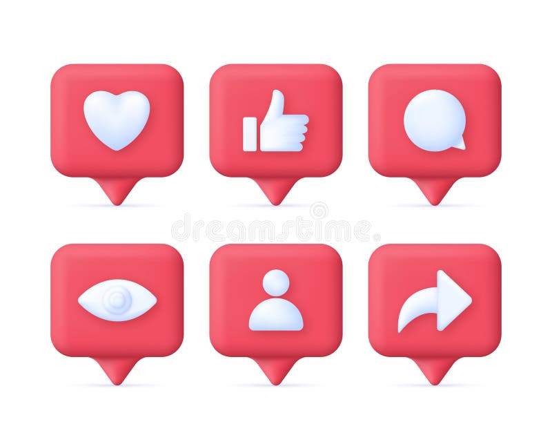 3D Set of social media notification icons. Like, follow, comment, share, view concept. Speech Bubble. Trendy and modern vector in 3d style. 3D Set of social media notification icons. Like, follow, comment, share, view concept. Speech Bubble. Trendy and modern vector in 3d style