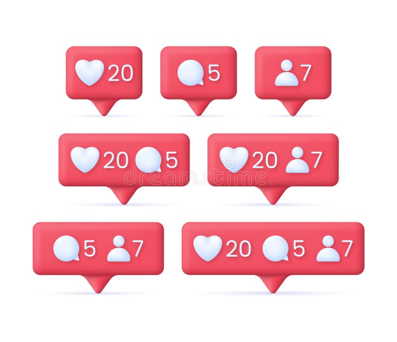 3D Set of social media notification icons. Like, follow, comment concept. Speech Bubble. Trendy and modern vector in 3d style. 3D Set of social media notification icons. Like, follow, comment concept. Speech Bubble. Trendy and modern vector in 3d style.