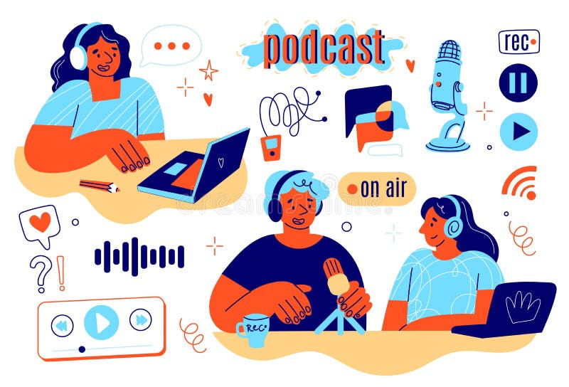 Icone di registrazione podcast e persone. partecipanti a programmi radiofonici in studio audio show con cuffie e illustrazione di stock