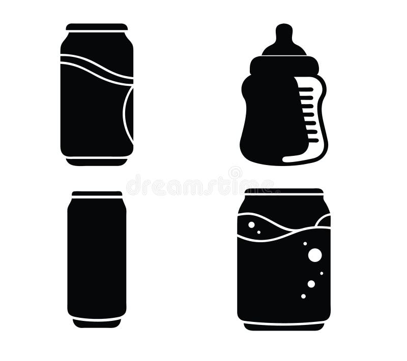 Icone di siluetta nera Imposta Soda Can Baby Beverage Container Drink Elementi Di Progettazione Contenitori illustrazione di stock