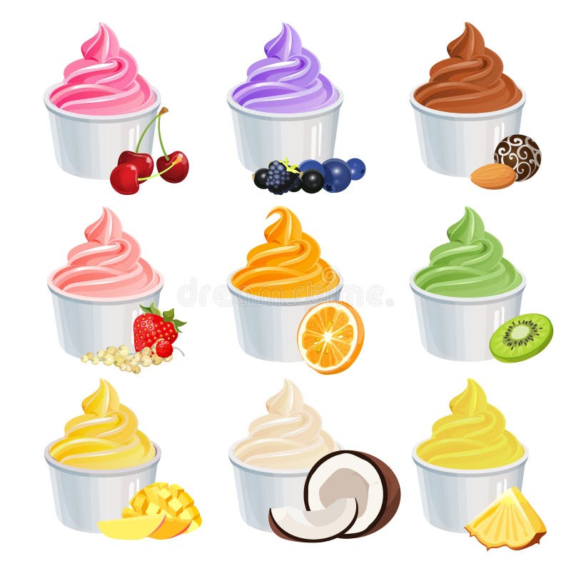 Icone di tazze allo yogurt congelate con frutta e vaniglia Vettore