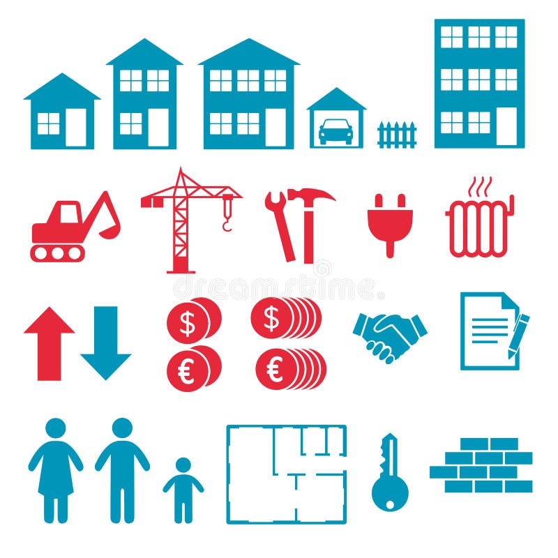 Icone di vettore per creare infographics circa la costruzione di appartamento e della casa, l'acquisto e l'affitto del mercato