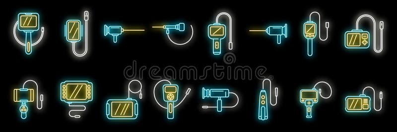 Endoscope icons set outline vector. Digestive gastric. Gastro examination neon color on black. Endoscope icons set outline vector. Digestive gastric. Gastro examination neon color on black