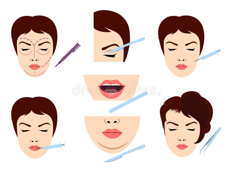 Facial cosmetic surgery vector icons. Female face microsurgery. Facial cosmetic surgery vector icons. Female face microsurgery