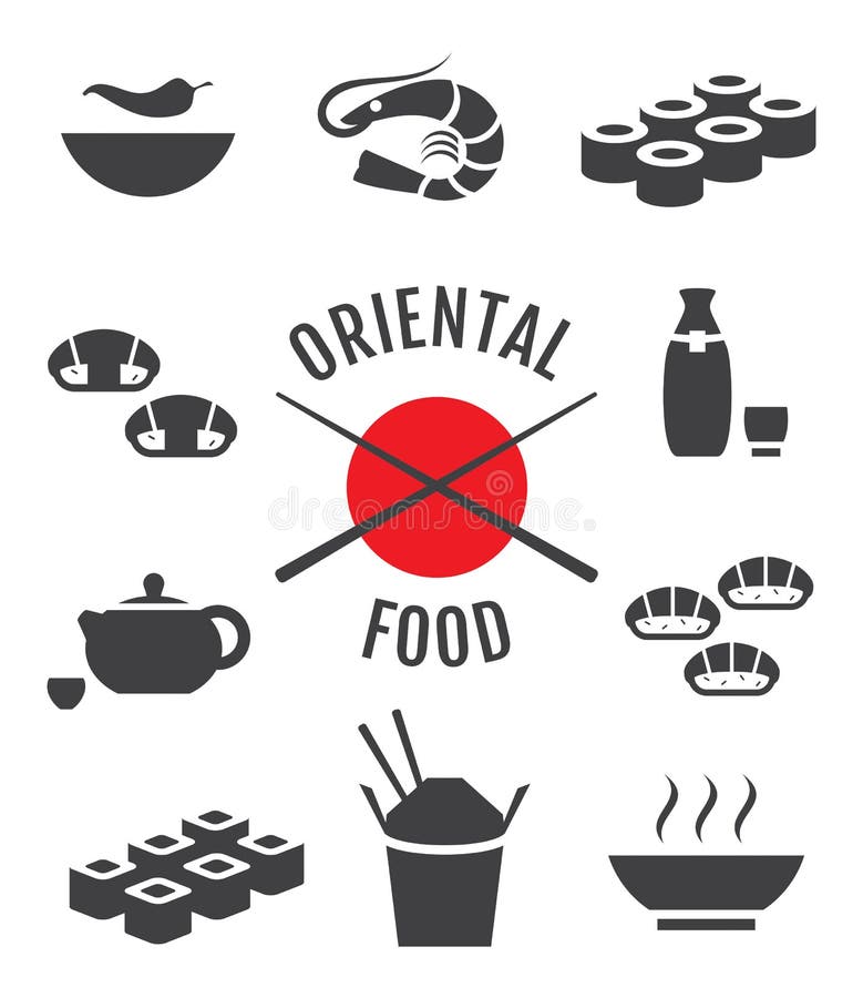 Icone giapponesi orientali dell'alimento illustrazione di stock