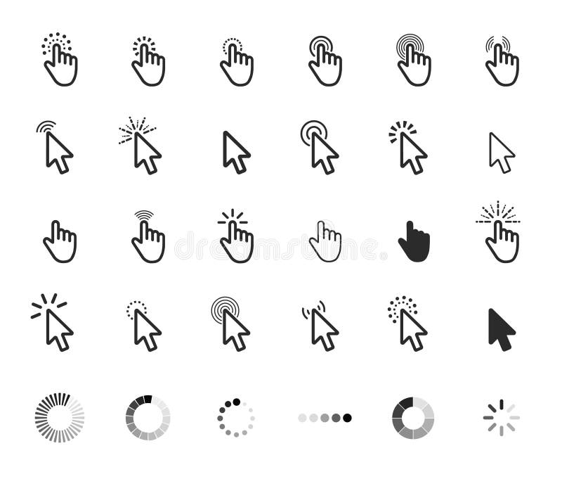 Icone grige della freccia del cursore di clic di mouse del computer messe ed icona di caricamento Illustrazione di vettore