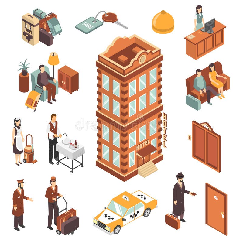Icone isometriche dell'hotel messe illustrazione di stock