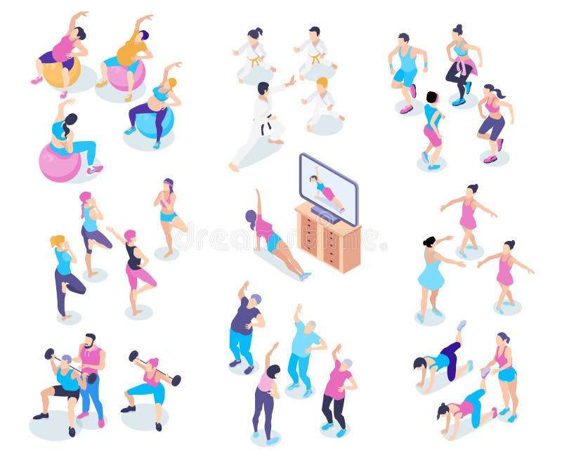 Isometric icons set with male and female people doing sports in gym and at home isolated on white background 3d vector illustration. Isometric icons set with male and female people doing sports in gym and at home isolated on white background 3d vector illustration