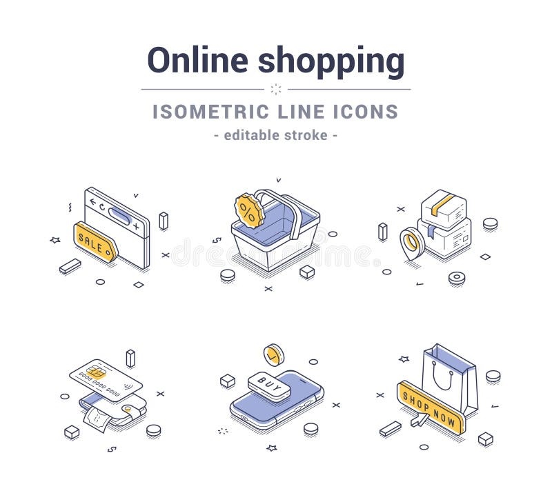 Icone isometriche per gli acquisti online e il commercio digitale royalty illustrazione gratis