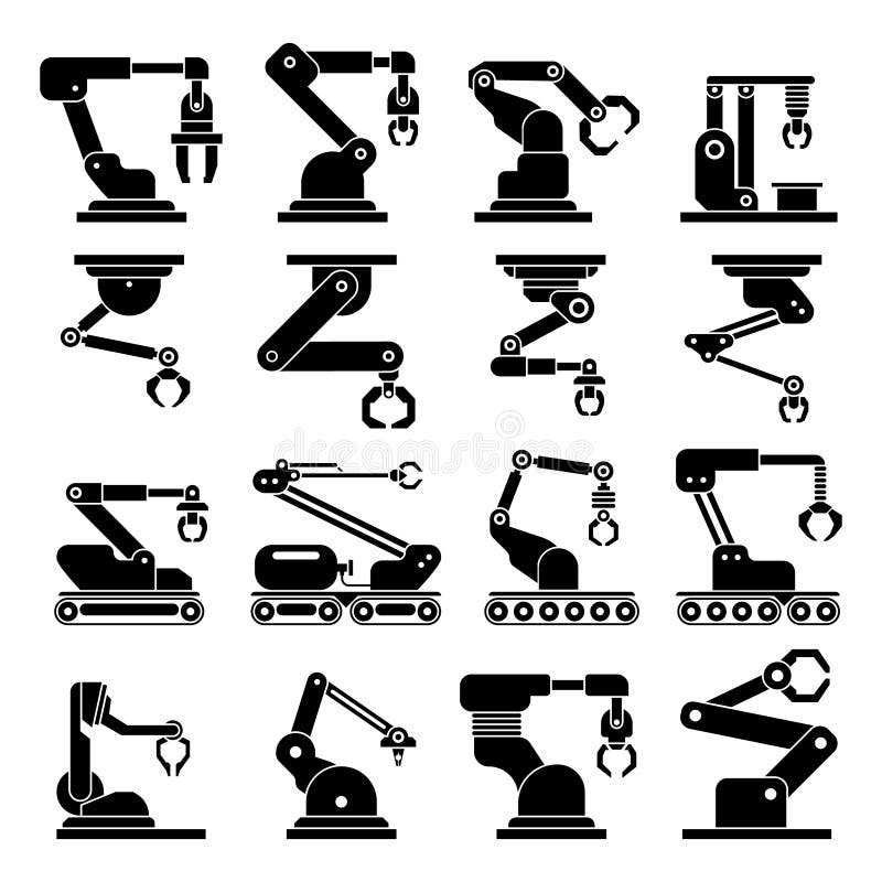 Icone meccaniche industriali di vettore del braccio del robot illustrazione di stock Icone meccaniche industriali di vettore del braccio del robot illustrazione di stock