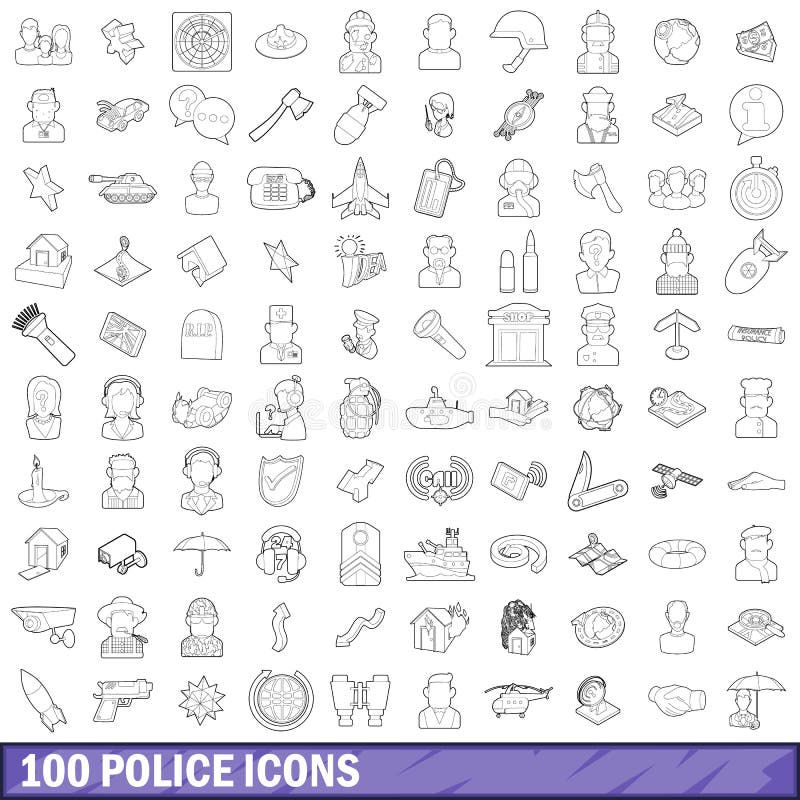 100 police icons set in outline style for any design vector illustration. 100 police icons set in outline style for any design vector illustration