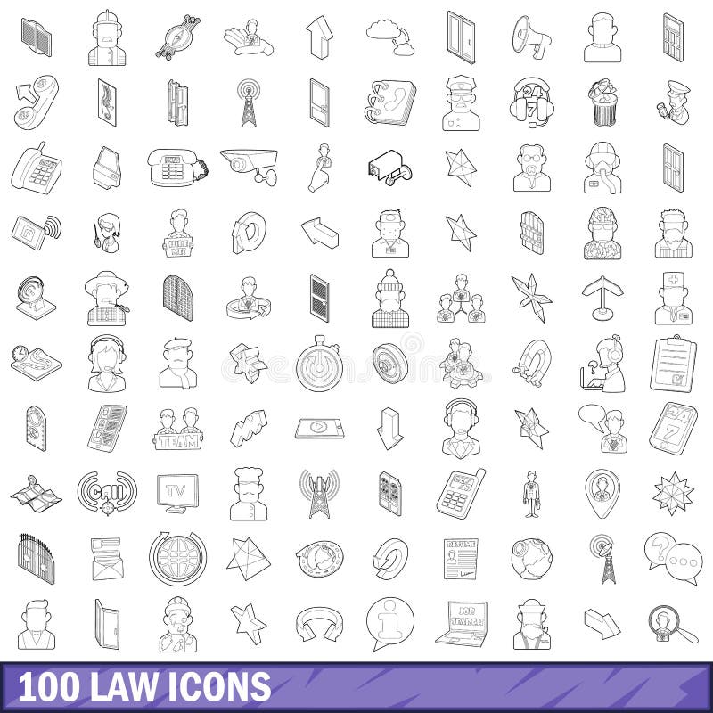 100 law icons set in outline style for any design vector illustration. 100 law icons set in outline style for any design vector illustration