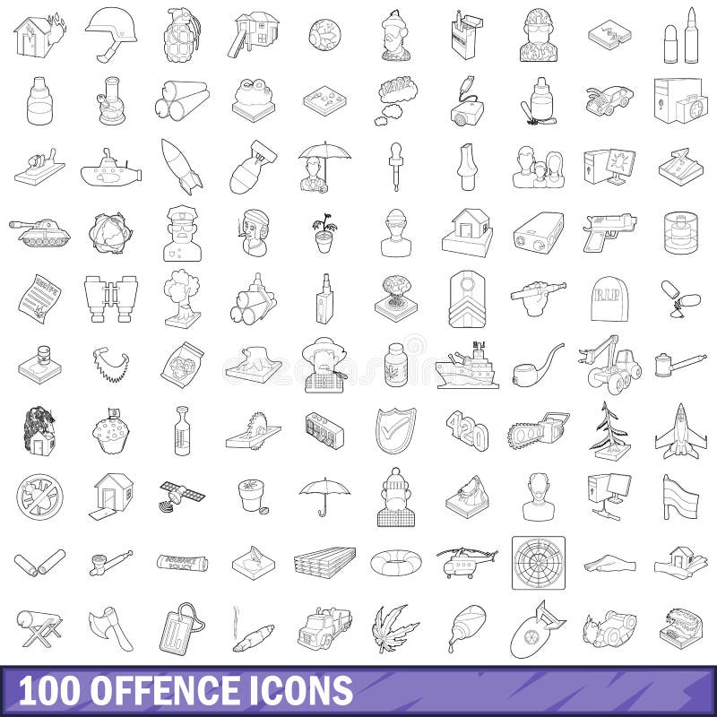 100 offence icons set in outline style for any design vector illustration. 100 offence icons set in outline style for any design vector illustration