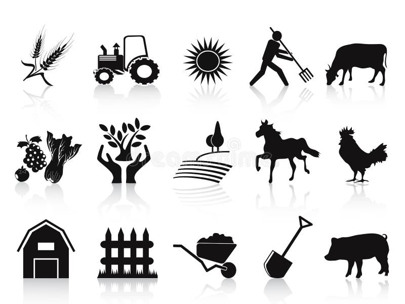 Icone nere di agricoltura e dell'azienda agricola impostate