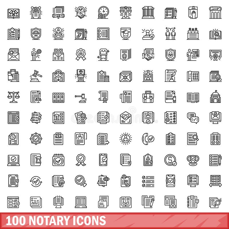 100 notary icons set. Outline illustration of 100 notary icons vector set isolated on white background. 100 notary icons set. Outline illustration of 100 notary icons vector set isolated on white background