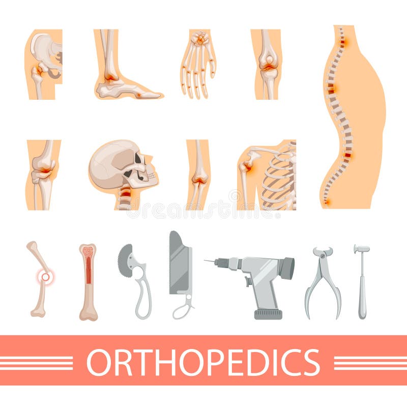 Icone ortopediche messe Scheletro umano, ossa ed accessori medici differenti illustrazione di stock Icone ortopediche messe Scheletro umano, ossa ed accessori medici differenti illustrazione di stock