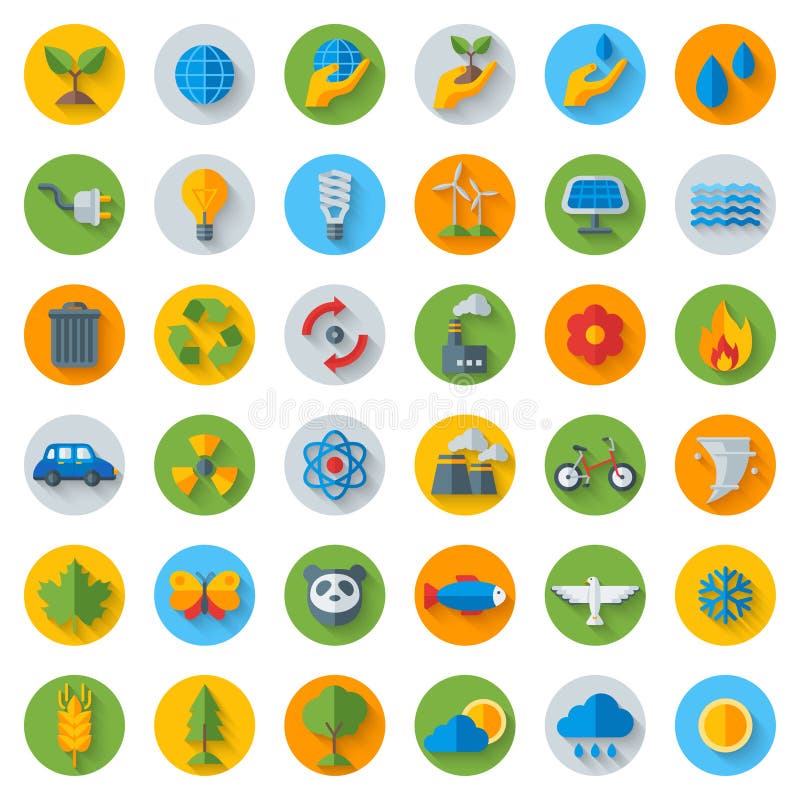 Ecology Flat Icons on Circles with Shadow. Set on White. Vector illustration. Hand with sprout, hand with water drop. Solar energy sign, wind energy sign, wild animals. Save the planet. Ecology Flat Icons on Circles with Shadow. Set on White. Vector illustration. Hand with sprout, hand with water drop. Solar energy sign, wind energy sign, wild animals. Save the planet.
