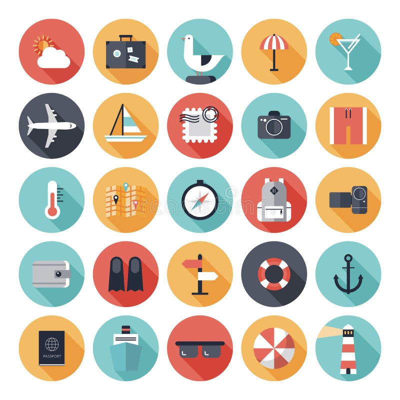 Modern flat icons vector collection with long shadow effect in stylish colors of travel, tourism and vacation theme. Isolated on white background. Modern flat icons vector collection with long shadow effect in stylish colors of travel, tourism and vacation theme. Isolated on white background.