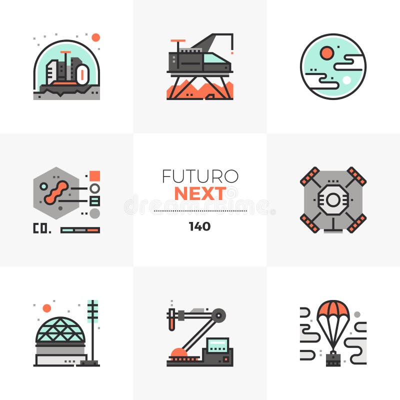 Icone seguenti di Futuro di esplorazione spaziale illustrazione vettoriale Icone seguenti di Futuro di esplorazione spaziale illustrazione vettoriale