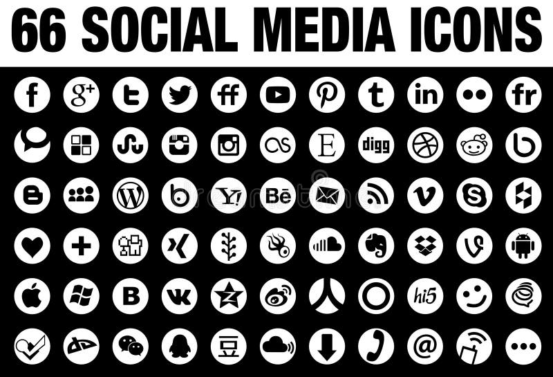 66 icone sociali rotonde di media bianche