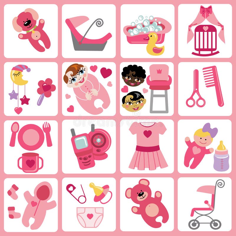Icone sveglie dei fumetti per la neonata Insieme di cura del bambino royalty illustrazione gratis Icone sveglie dei fumetti per la neonata Insieme di cura del bambino royalty illustrazione gratis