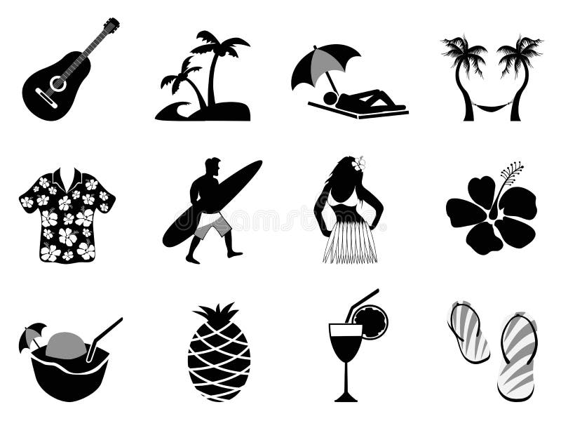 The collection of tropical island and beach vacation icons on white background. The collection of tropical island and beach vacation icons on white background