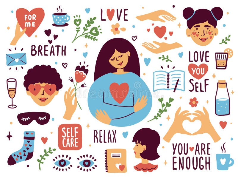 Vector set of self care icons. Love, relax, me time, slow life concept. Cute girl or woman hugging herself. Sticker collection with heart shape and lettering elements. Female body health illustration. Vector set of self care icons. Love, relax, me time, slow life concept. Cute girl or woman hugging herself. Sticker collection with heart shape and lettering elements. Female body health illustration