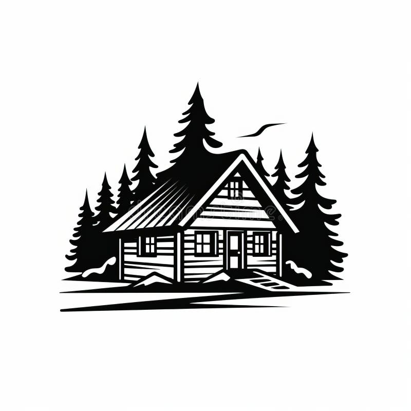 Iconic Black and White Cabin with Pine Trees: a Symbolic Design Stock ...